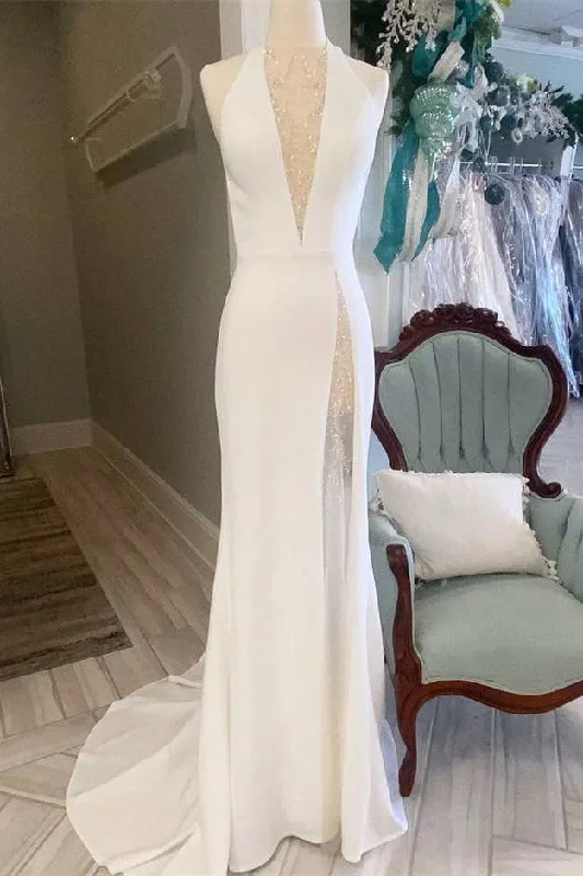 Women's Transitional Attire Luxury Comfort White Halter Open Back Mermaid Long Wedding Dress