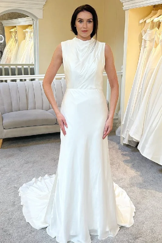 Women's Clothing Elegant Contour White High-Collar Backless A-Line Long Wedding Dress