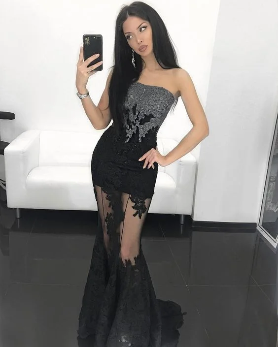 Women's Vacation Clothes Big Savings on Minimalist Office Styles Black Strapless Appliques Mermaid Prom Dress, Sexy Sleeveless Evening Party Dress  cg3542