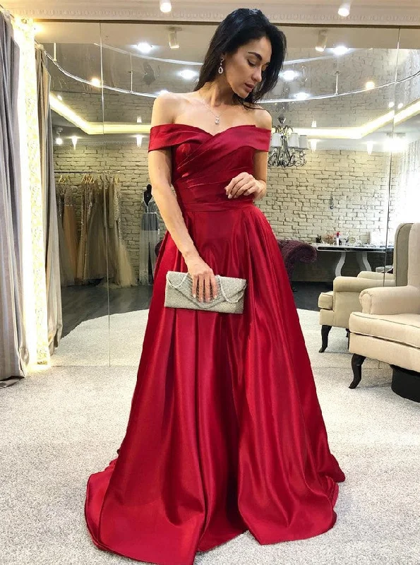 Casual Chic Clothing For Women Sleek Design Elegant Off-the-Shoulder Burgundy Satin Prom Dress With Ruched OP737