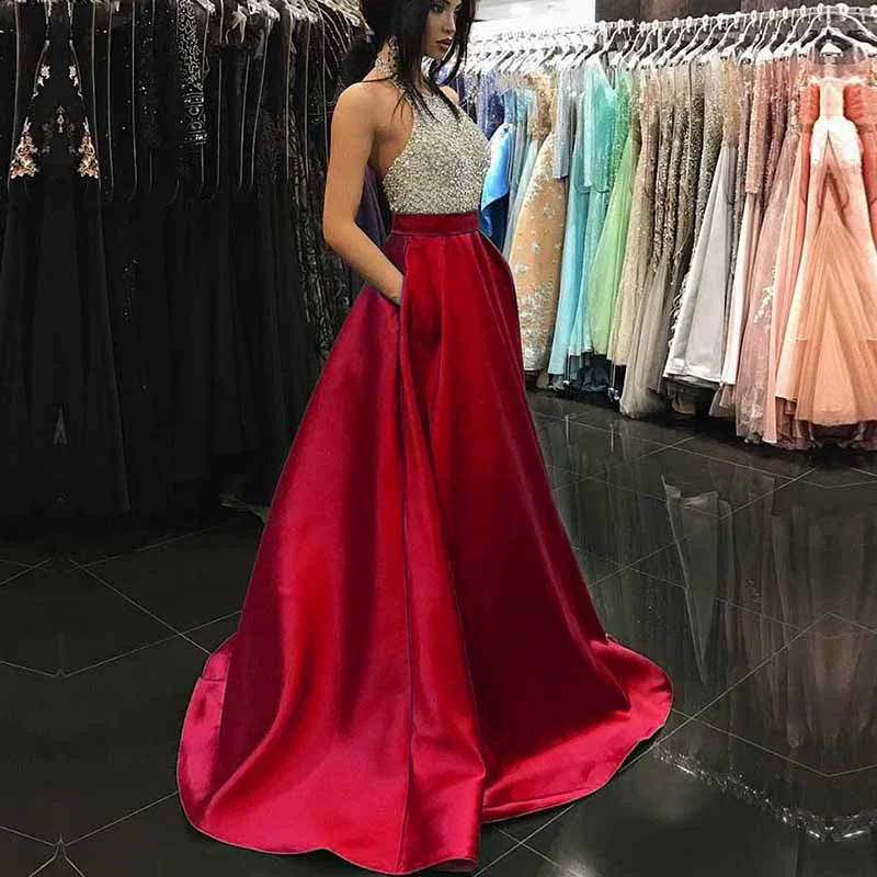 Women's Casual Attire Sophisticated Cut Sexy A Line Rhinestones Prom Dresses Halter Long Halter Satin Beaded Women Formal Evening Dress