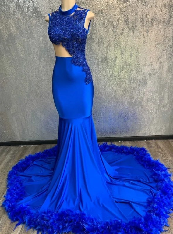 Women's Active Clothing Sleek Design Sheath Royal Blue Mermaid Sleeveless High Neck Long Prom Dresse    cg12888