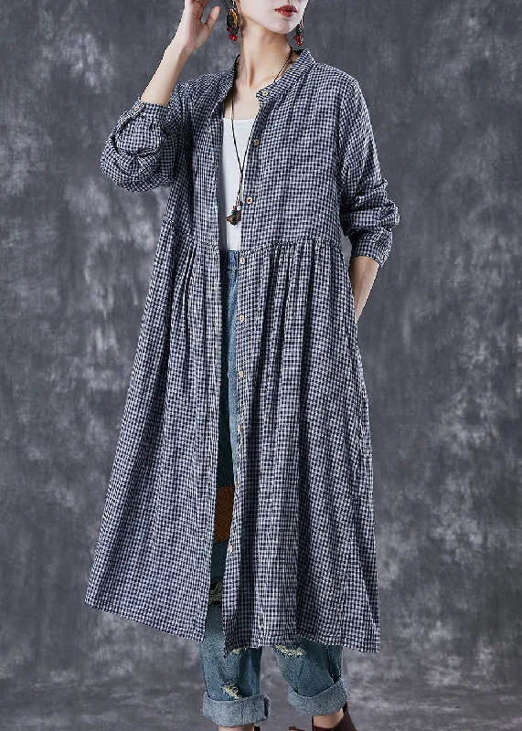 Women's Travel Garments Feminine Soft - Hued Look Natural Grey Oversized Plaid Cotton Shirt Dresses Fall