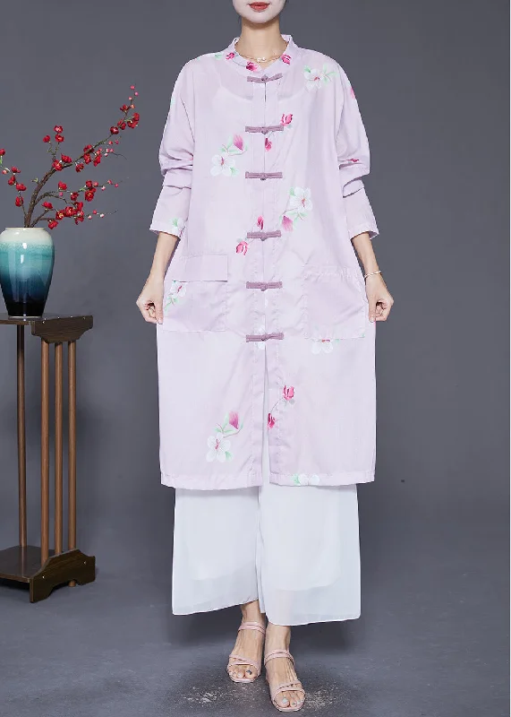 Women's Outerwear Garments Bold Patterns Vintage Light Purple Print Chinese Button Linen Shirt Dress Fall