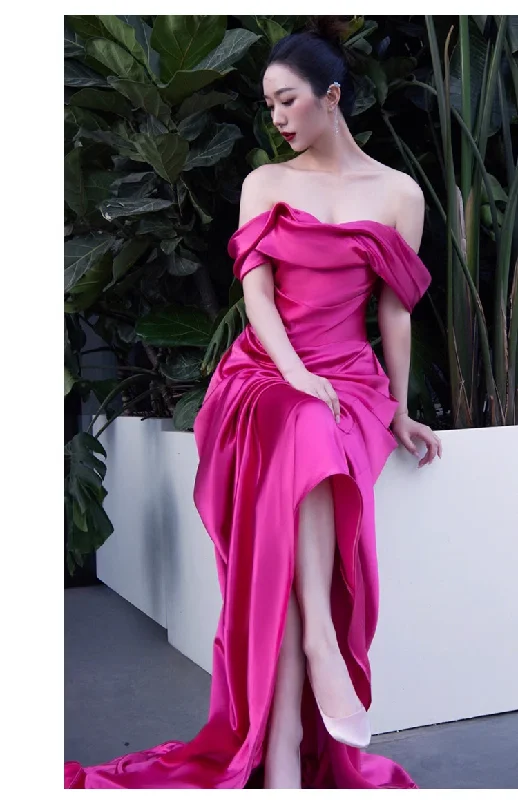 Women's Functional Outfit For Outdoor Activities Classic Charm Sexy Mermaid Off The Shoulder Hot Pink Long Prom Dresses Satin Birthday Outfits C1623