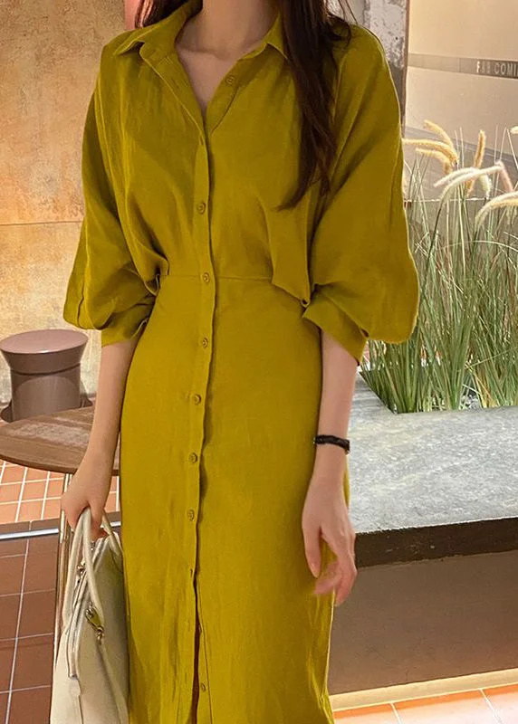 Women's Trendy Garments Elevated Style Bohemian Yellow Peter Pan Collar Cinched Cotton Shirt Dresses Lantern Sleeve