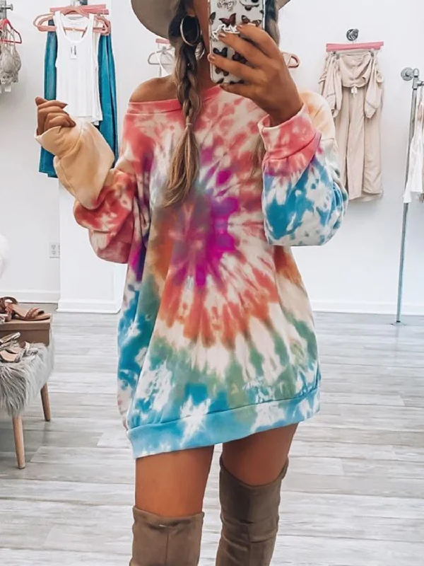 Women's Outfit For The Office Casual Elegance Full Size Tie-Dye Round Neck Long Sleeve Dress