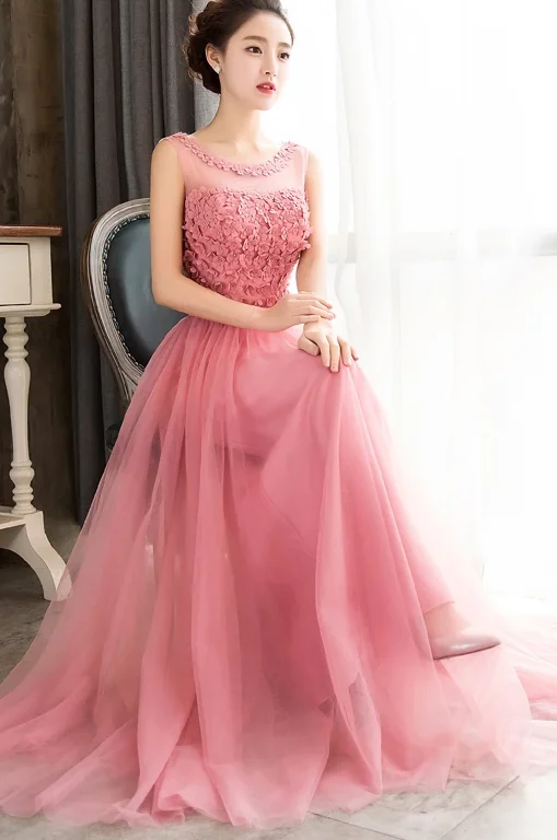 Chic Clothes For Women Rustic Countryside Charm Look Pink Sleeveless Prom Dress with Flowers, A Line Floor Length Tulle Evening Dress cg4950