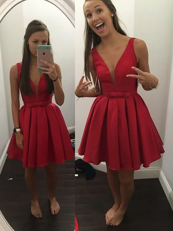 Stylish Women's Outfit Artful Design Red Satin V Neck Straps Short Prom Dress Homecoming Dress OP189