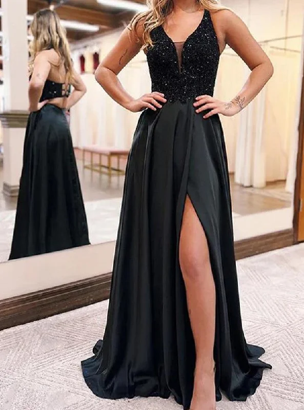 Women's Clothes For Special Occasions Boho - Chic Festival - Ready Style Women Black Side Slit Prom Dresses Long Sequins Evening Gowns Formal Party Dress YPD401