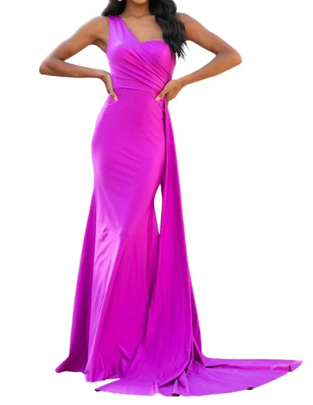 Women's Professional Garments Dreamy Aesthetic Fitted One Shoulder Lycra Gown In Magenta