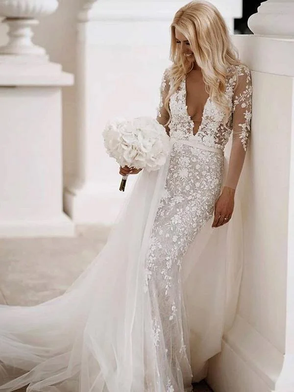 Women's Vintage Clothes Bold Silhouette Deep V-neck Long Sleeves Lace Wedding Dresses, Mermaid Appliques Lace Wedding Dresses