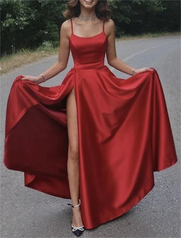 Women's Sporty Clothes Elegant Details Women A-Line Satin Prom Dresses Long High Slit Evening Gowns Sleeveless Formal Party Dress YPD687