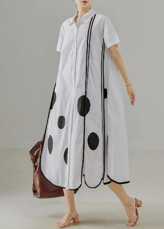 Women's Layered Outfit Sophisticated Cut White Print Cotton Shirt Dress Oversized Side Open Summer