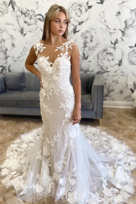 Women's Luxury Garments Chic Allure White Illusion Neck Appliques Trumpet Long Wedding Dress