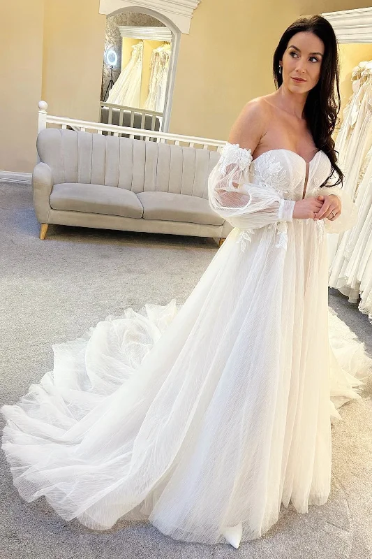 Charming Women's Clothes For Special Events Minimalist Chic Ivory Tulle A-Line Long Wedding Dress with Balloon Sleeves