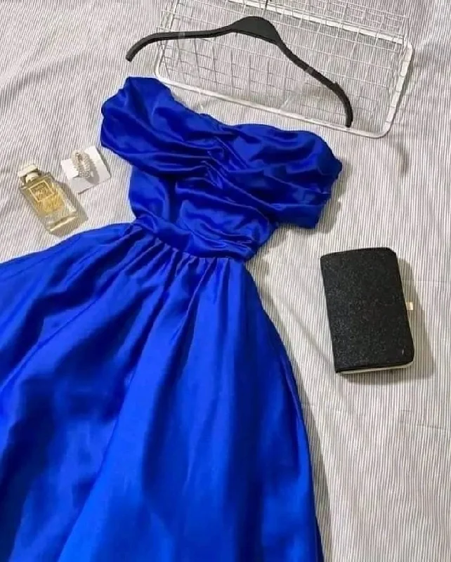 Women's Vintage Garments Soft Textures Sexy A line Off The Shoulder Royal Blue Prom Dress With Pleated Long Satin Prom Dresses Party Dress C3296