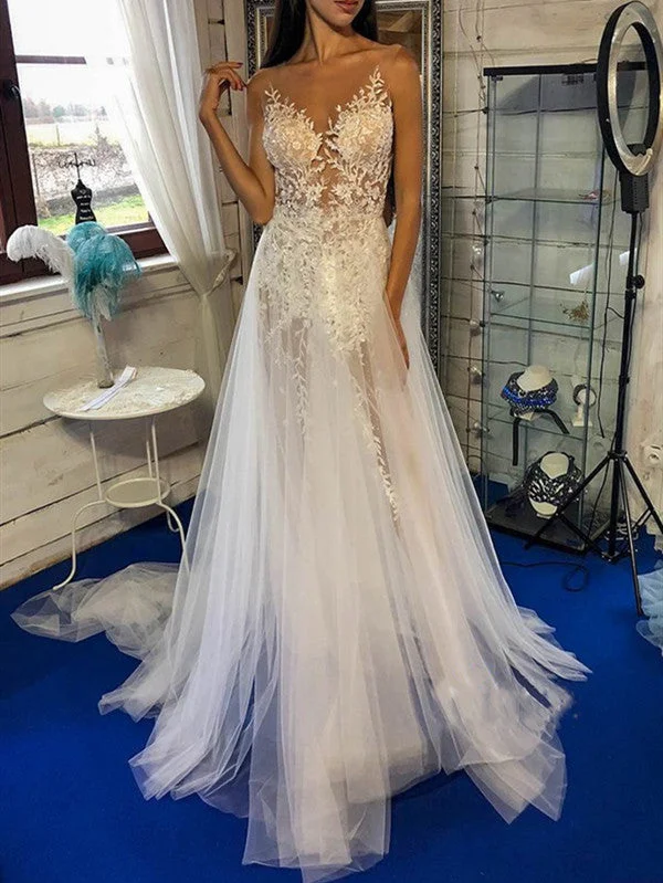 Women's Outfit For The Office Romantic Detailing V-neck Elegant Lace Wedding Dresses, Newest See Through Lace A-line Wedding Dresses