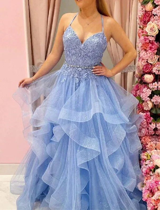 Women's Clothes Romantic Detailing Women Light Blue Lace Prom Dresses Long A-Line Evening Gowns Formal Party Dress YPD416