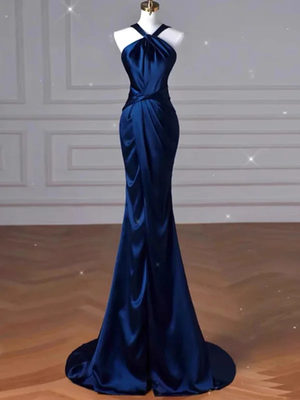 Women's Relaxed Outfit Alluring Design Sexy Mermaid High Neckline Navy Blue Satin Evening Dress Long Prom Dresses Party Dress With Ruffles C3231