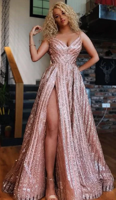 Affordable Luxury Women's Apparel Fashion-Forward Style Stylish V-neck Sleeveless Split Champagne Sequined Prom Dress  cg6111