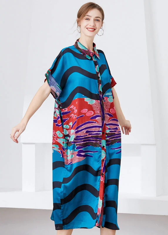 Women's Garments Graceful Drape Unique Blue Oversized Print Chiffon Shirt Dress Summer