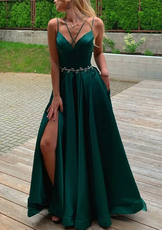 Women's Effortless Casual Outfit Feminine Elegance Women Spaghetti Straps Prom Dress Long Side Slit Evening Gowns Satin Formal Party Dress YPD759