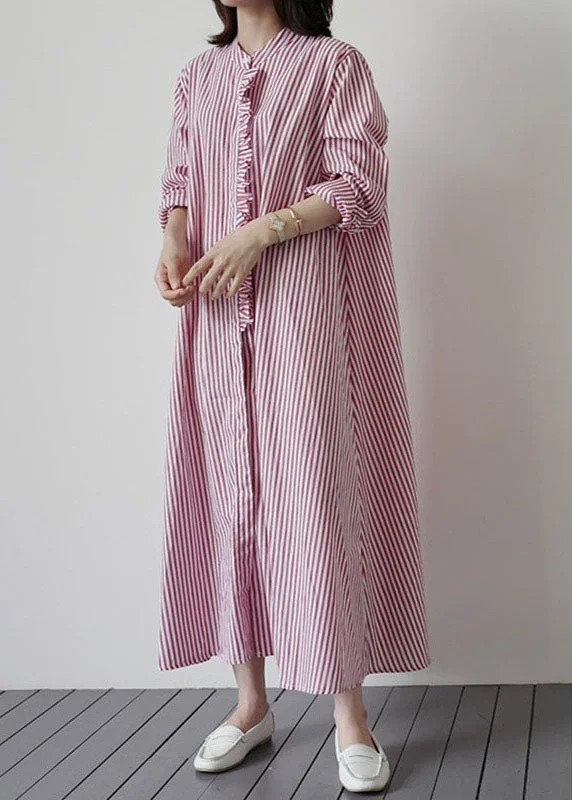 Women's Luxury Garments Graceful Movement Women Pink Red Striped Ruffled Patchwork Cotton Shirt Dresses Spring