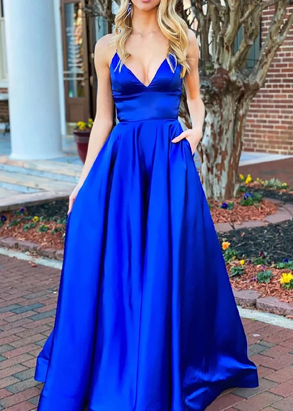 Women's Chic Outfit End - of - Month Blowout Women V-Neck Prom Dress Long Royal Blue Evening Gowns Satin Formal Party Dress YPD793