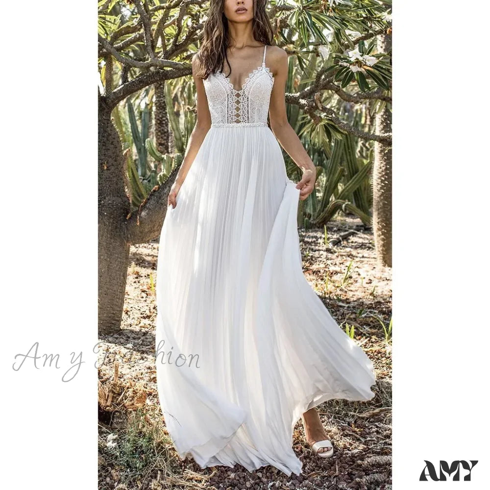 Women's Clothing For Work End - of - Month Blowout Amy Fashion - White Lace Maxi V-Neck Slim Sleeveless Boho Dress