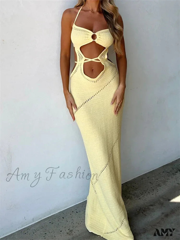 Women's Occasion Wear Clothing Charming Silhouette Amy Fashion - Women Sleeveless Halter Knitted  Solid Color Front Cutout Backless Tie-Up Slim Beach Summer Vestidos