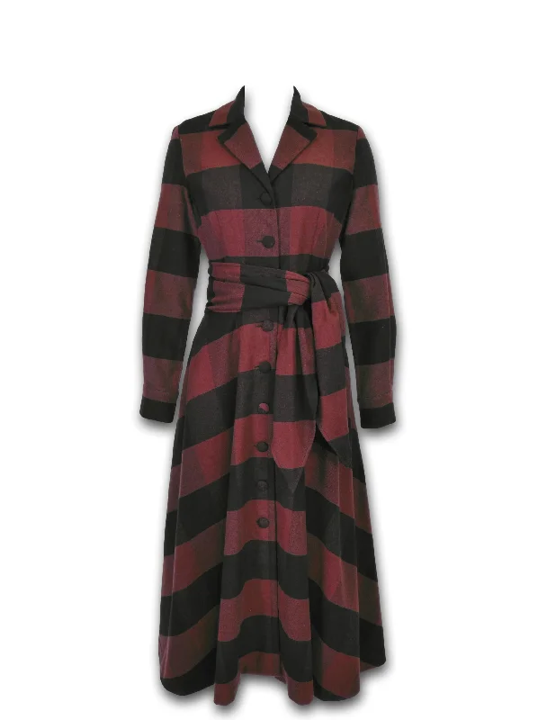 Women's Chic Outerwear Attire Graceful Movement J. Peterman Women's Plaid Cotton Long Sleeve 1947 Dress - Burgundy