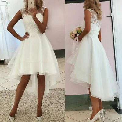 Women's Activewear Attire Modern Romance White A-line Sleeveless Lace Appliques Hi-Low Prom Dresses    cg14793