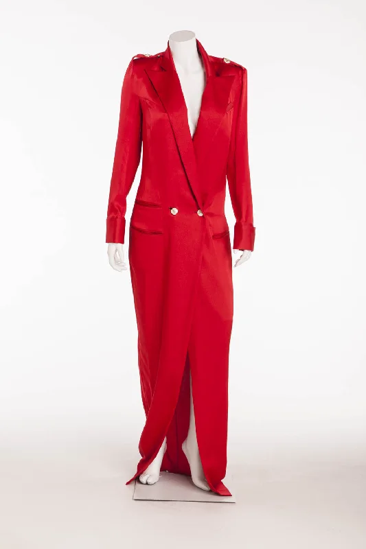 Women's Evening Attire Casual Elegance Balmain - As Seen on Blake Lively - Brand New Red Long Sleeve Silk Coat Dress - FR 42