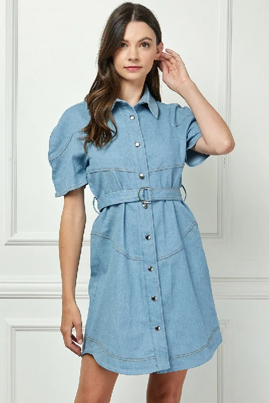 Women's Travel Apparel Coastal Beach - Inspired Style DENIM BLUE SHORT SLEEVES BUTTON DOWN MINI SHIRT DRESS AVD10535