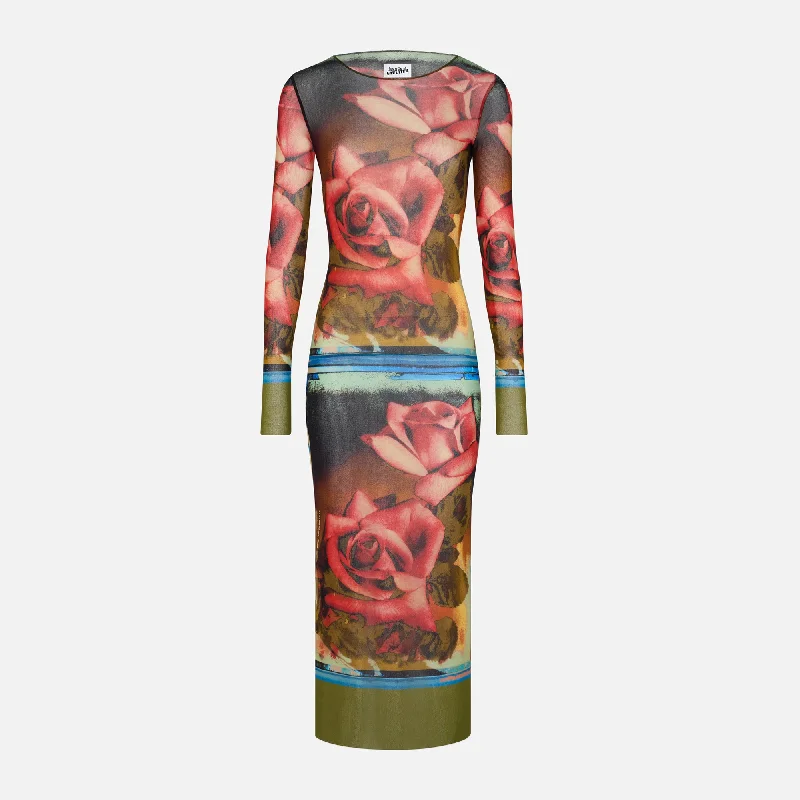 Casual Outfit For Women Sleek Design Jean Paul Gaultier Mesh Long Sleeve Dress - Roses