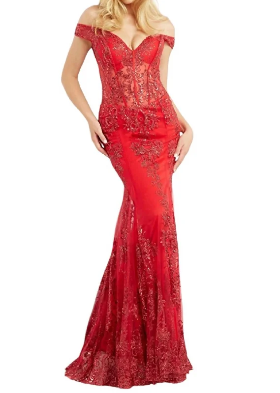 Plus-Size Women's Garments Minimalist Chic Beaded Off Shoulder Embellished Mermaid Gown In Red