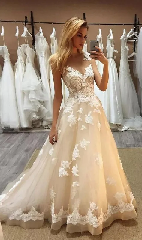 Women's Wedding Apparel Subtle Sophistication Champagne Lace Applique Prom Dress, Sheer Neck Sleeveless Sweep Train Prom Dress,Illusion A Line Dresses  cg6476