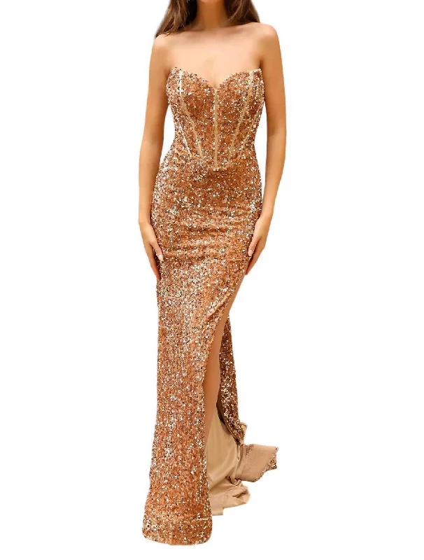 Women's Stylish Casual Garments Subtle Sophistication Fit & Flare Maxi Gown In Gold