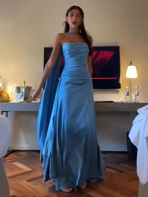 Chic Clothing For Women Feminine Flow Sexy Sheath Strapless Blue Satin Prom Dresses Party Evening Dress With Ribbon C3724