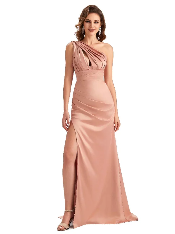 Women's Everyday Apparel Art Deco Geometric Pattern Look Sexy One Shoulder Side Slit Mermaid Unique Long Satin Wedding Guest Dresses