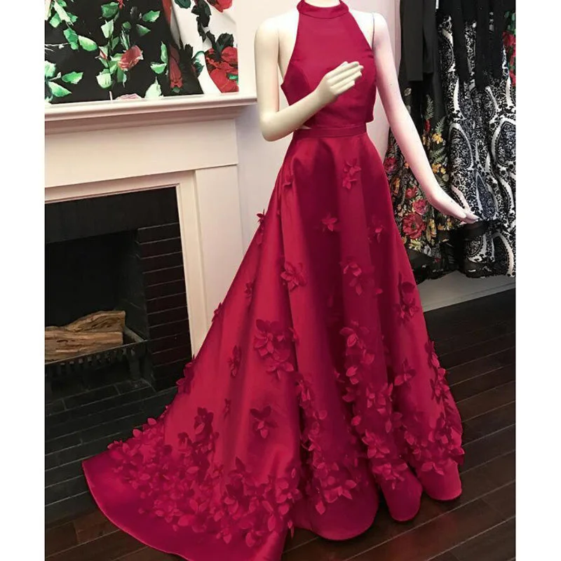 Women's Apparel Feminine Elegance LP5780 Halter A Line Prom Dress Formal Gown Satin Long Evening Dress with handmade Flowers Festido De Festa