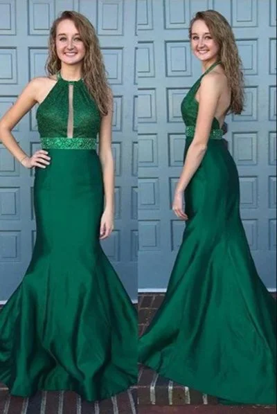 Women's Workout Garments Luxury Style Mermaid Halter Sleeveless Sweep Train Backless Green Prom Dress with Lace Beading  cg8868