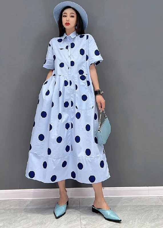 Women's Holiday Attire Luxury Style Women Blue Peter Pan Collar Dot Print Pockets Shirt Dresses Short Sleeve