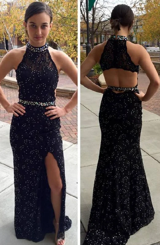 Women's High-Fashion Apparel Elegant Contour Black Prom Dress, Mermaid Beaded Prom Dresses,Sleeveless Halter Prom Dress  cg5969