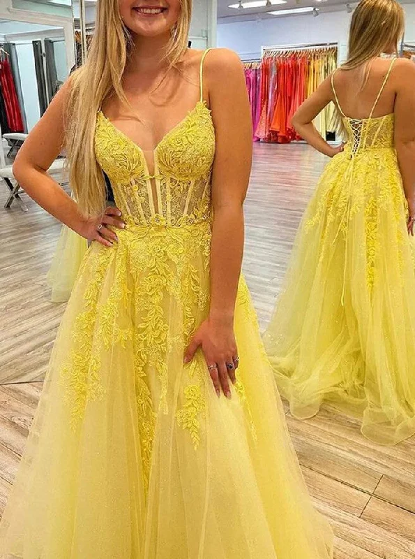 Modern Women's Clothes Hollywood Glam Award - Show Style Women Tulle Appliques Prom Dresses Long A-Line Evening Gowns Formal Party Dress YPD399