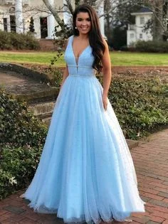 Women's Comfortable Apparel Feminine Elegance Unique Prom Dresses, 2020 Sweet A-Line/Princess Tulle Beaded V Neck Sleeveless Prom Dresses  cg6904