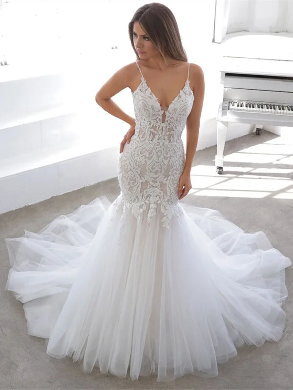 Women's Attire Big Savings on Minimalist Office Styles Spaghetti Long Mermaid Lace Tulle Wedding Dresses, Lace Mermaid Wedding Dresses, Newest 2020 Wedding Gown