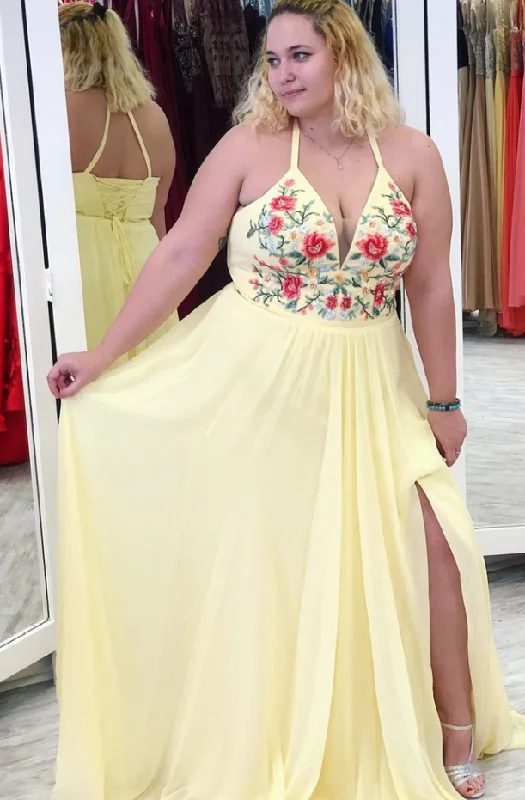 Women's Clothes Art Deco Geometric Pattern Look Yellow Halter Appliques Plus Size Prom Dress with Slit, A Line V Neck Sleeveless Party Dress  cg4953