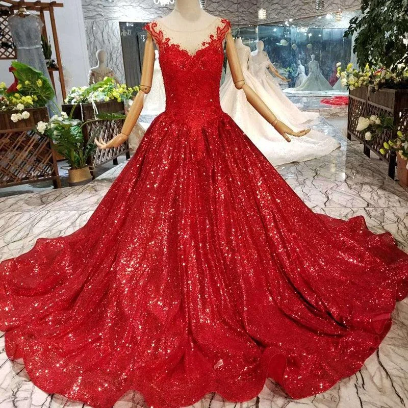 Women's Trendy Clothing Fashion-Forward Style Red Reflective Sleeveless A-line Sparkly Formal Evening Dress